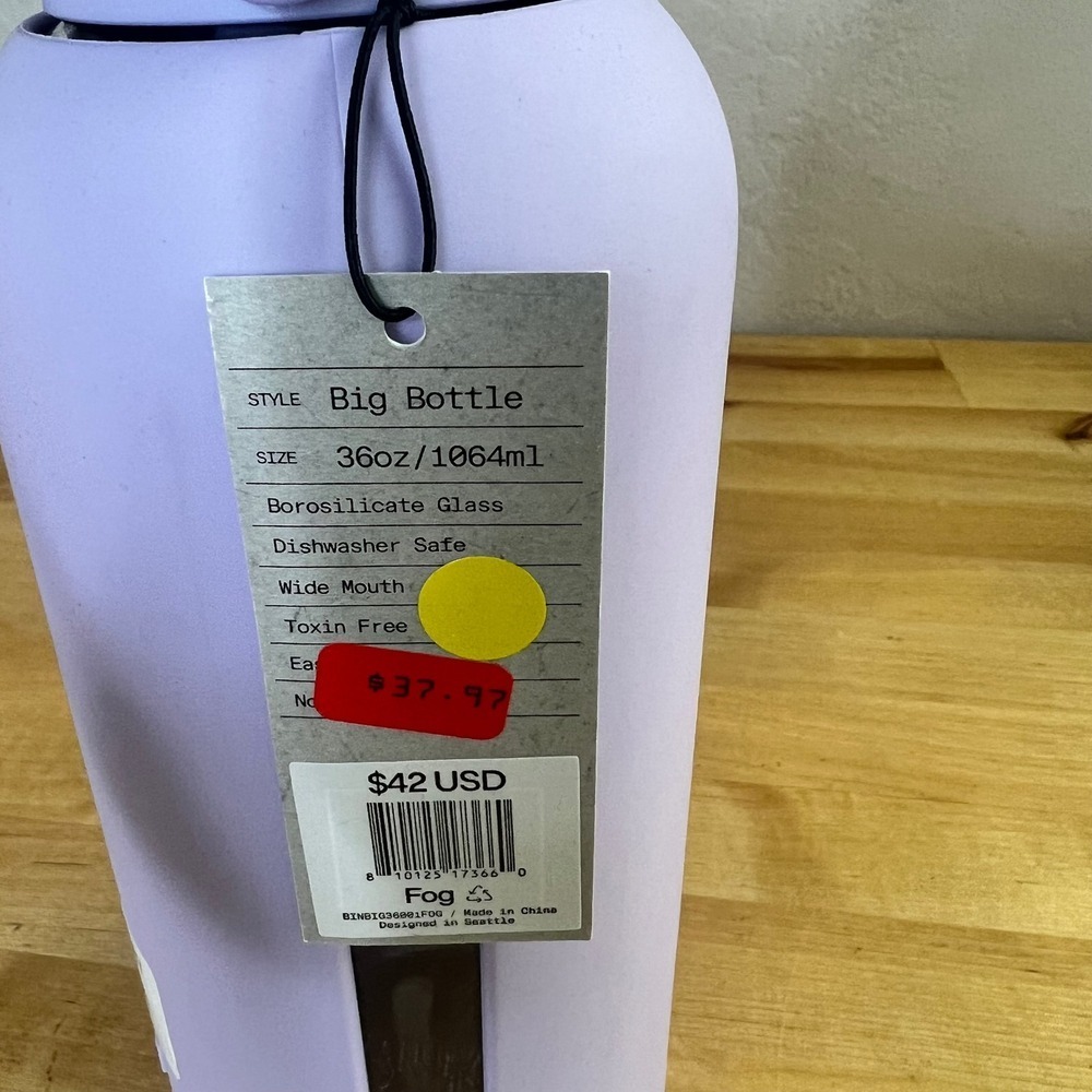 Bink Water Bottle Big Bottle 36oz Fog Purple Borosilicate Glass Silicone New - Picture 3 of 6